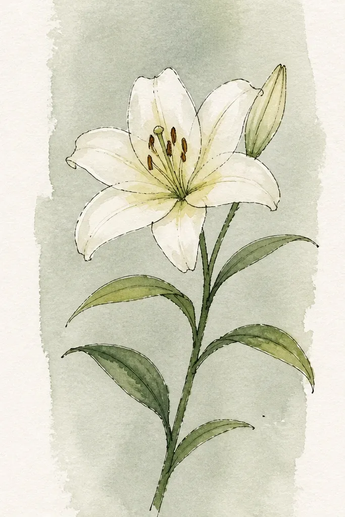 A soft horizontal wash background behind the lily, in pale yellow-green. The lily sits on top with pale pink petals and darker fold shadows. The stem and leaves are green with warm shadows.