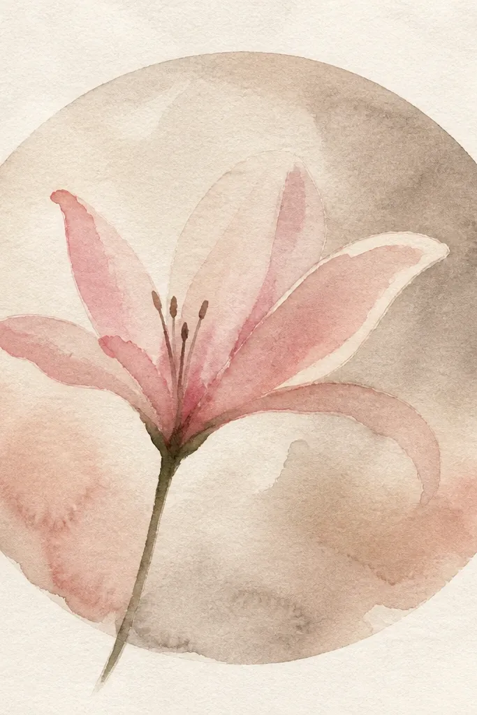 A lily centered inside a thin watercolor circle outline. The circle is pale green-gray. The lily petals are blush pink with violet fold shadows, and the stem curves slightly.