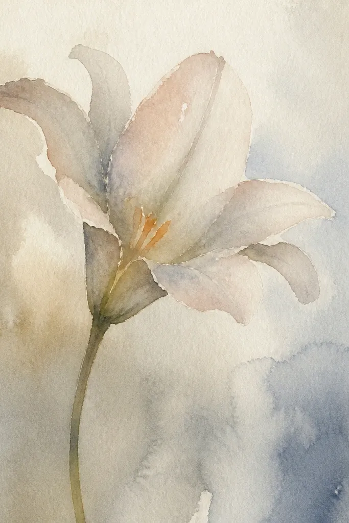 A lily where the petals have a translucent veil of pink over mostly white highlights. Fold lines are slightly darker, and the center has a warm blush. Leaves are softly shaded green.