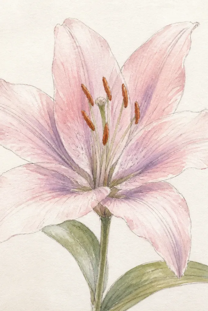 A lily where pencil fold lines are still visible under the watercolor. Petals are pale pink with light violet shadows, and the pencil texture shows as fine lines. The stem and leaves are lightly painted.
