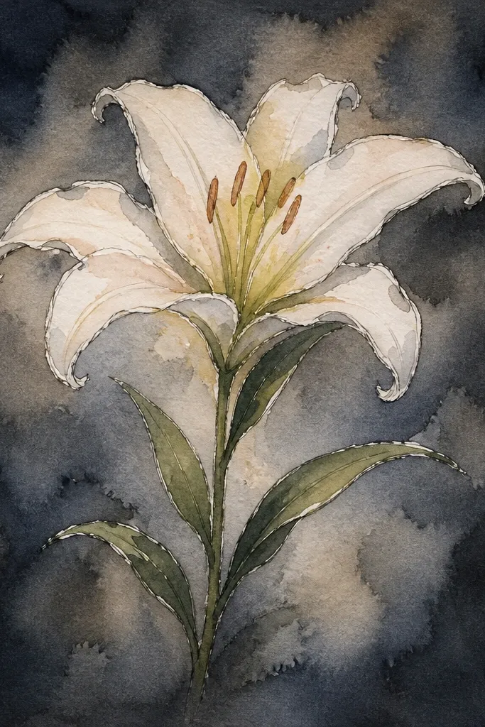 A lily painted on dark paper. Petals appear luminous, with white and pale pink highlights. Fold shadows are soft gray-violet, and the stem/leaves are muted green. Stamen dots are bright yellow-orange.