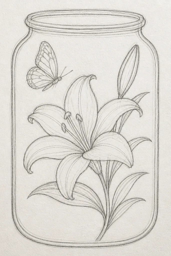 A clear glass candle jar wrapped with a narrow paper label. On the label, a tall lily in muted cream and blush rises upward, and a butterfly sits at the top edge with wings extending to the label's corners. The background is off-white, and the lines are thin and tidy.