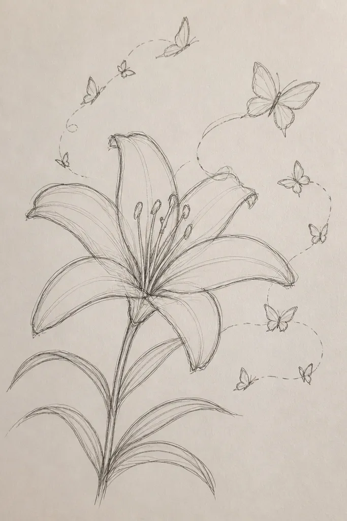 A black t-shirt shown from the back. A large lily in pale cream sits high on the center back, and a butterfly in warm gold appears slightly to the right with a faint line trail that curves toward the flower. The lettering is absent; only the drawing fills the space.