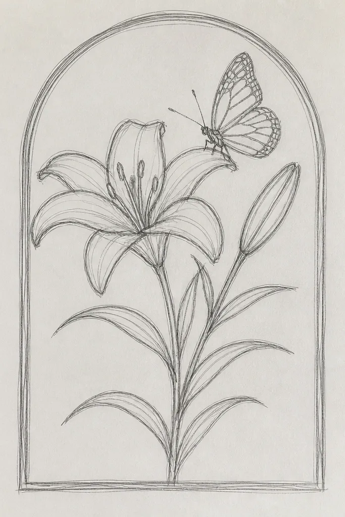 A natural canvas tote bag laid flat. A lily arch spans the upper front panel, with petals fading from cream to blush. A butterfly sits on a thin painted stem strip near the right handle seam.