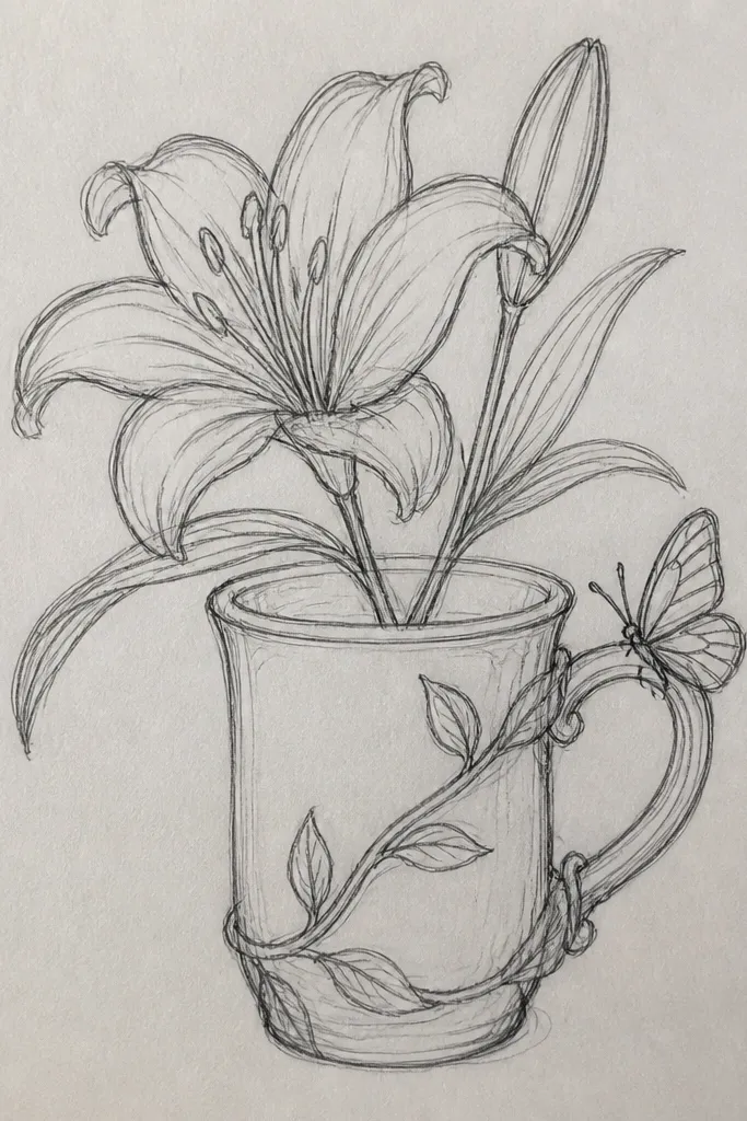 A white ceramic mug photographed at a slight angle. A lily stem wraps around the mug with petals in off-white and blush. A butterfly perches near the handle, painted so its wings align with the handle curve.