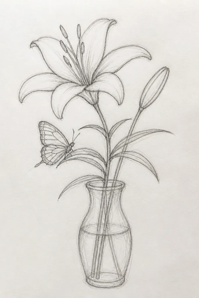 A clear glass vase with a painted lily on the front. The lily is cream with pale pink shading. A butterfly sits near the vase shoulder, with wings outlined in dark brown and a few translucent-looking peach fills.