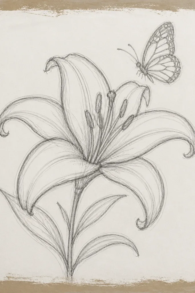A small wooden scrap panel mounted on a wall. The panel shows a lily in cream and pale pink, and a butterfly sits near the lily with parts of the wings painted over the panel's rough edges. The edges have visible grain and paint transitions.