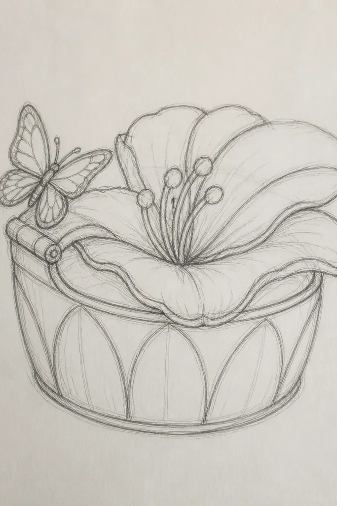 A small metal tin with a hinged lid. The lid has a centered lily in white and soft pink, and a butterfly sits right near the hinge line. The metal shows through slightly around the painted areas.