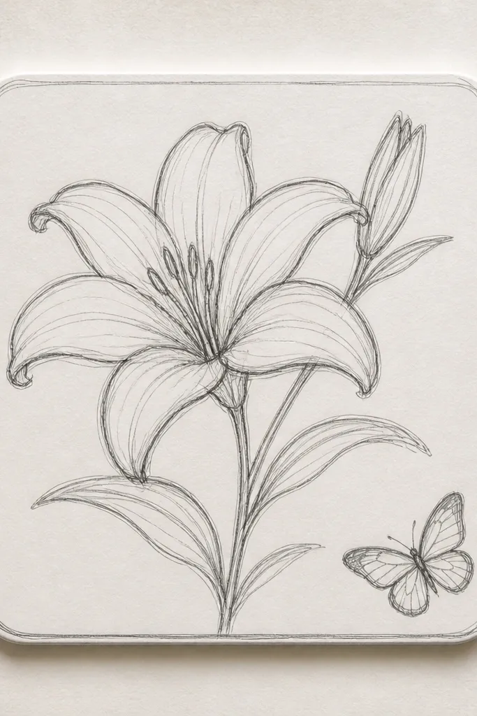 Four ceramic coasters on a table, each with a lily drawing. One coaster is highlighted: a cream lily with blush shading sits near the center, and a small butterfly is painted in the bottom-right corner. The finish is glossy and smooth.