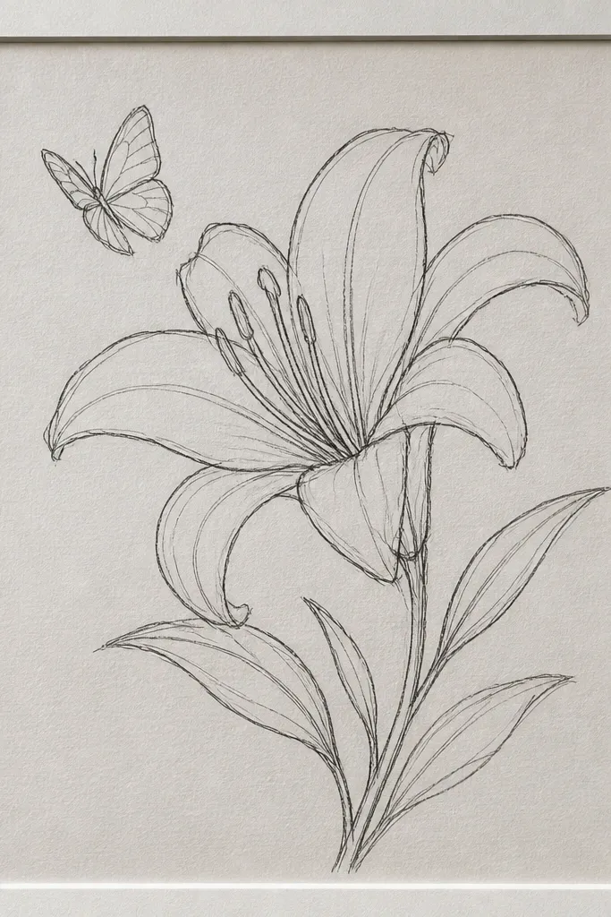 A thrifted off-white picture mat board inside a frame. Thin line art of a lily is drawn in graphite-like gray, and a small butterfly is placed in the margin near the top-right corner. The lines are crisp and minimal, with no heavy fill colors.