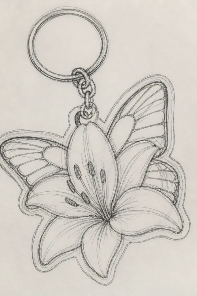 A clear resin keychain shaped like a rounded teardrop. Inside the resin, a small lily in white and blush is visible, and a butterfly sits near the top with tinted wings in peach and light gold. The edges look glossy and smooth.