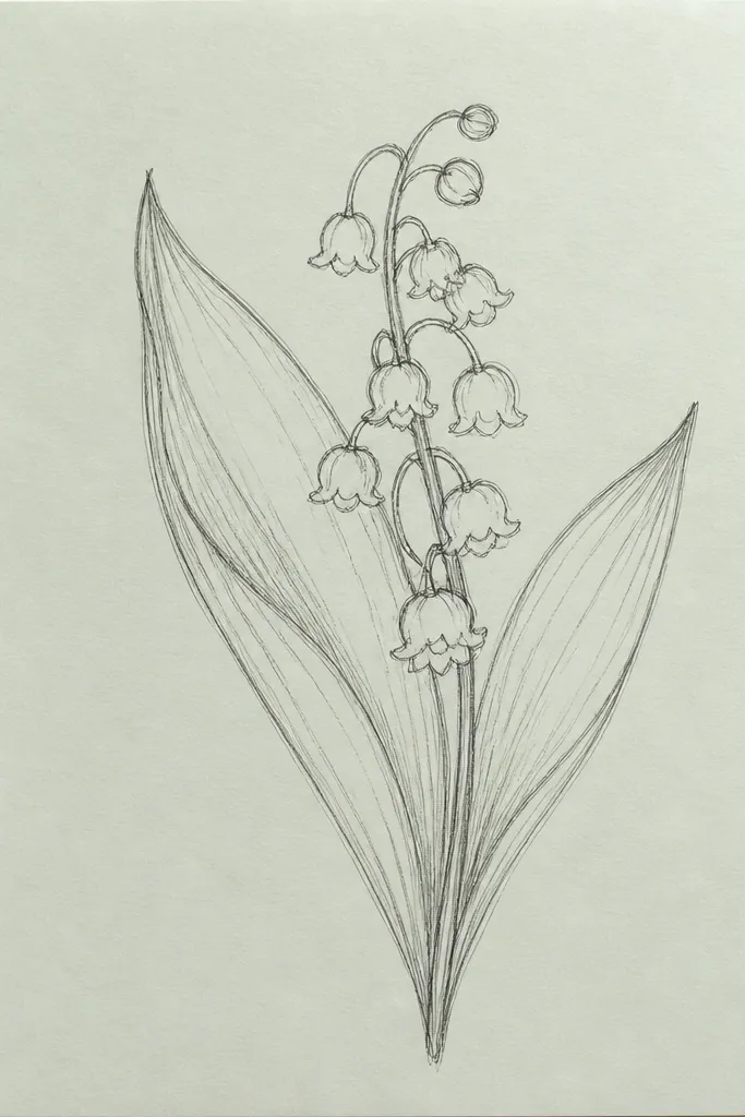A 5x7 card front with a pencil-light outline of lily bells in the center. The bells are drawn in thin black fineliner, then washed with very pale grey shading. Leaves are mint green with a soft watercolor background wash behind the cluster.