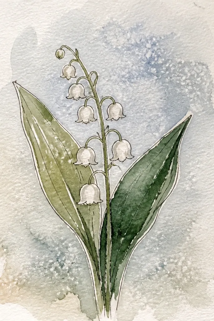 A piece of watercolor paper with a light wash sky. Lily bells appear in white watercolor with grey edges, and a few crystals create tiny speckles in the background. Leaves are painted in two greens with visible brush texture.
