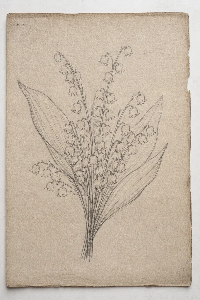 A close-up of an old book page with visible printed text beneath. A lily of the valley cluster is drawn in soft graphite, with darker outlines on the bell edges and lightly shaded leaves in pencil.
