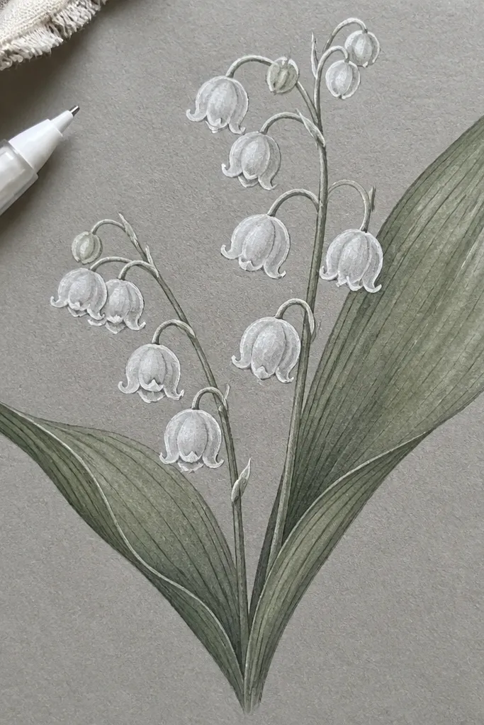 A drawing on toned grey paper. Lily bells are built with soft grey watercolor, then capped with bright white gel pen highlights. Leaves are muted green with a darker vein line.