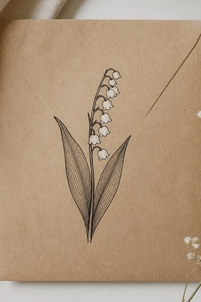 A kraft envelope front with a single vertical lily of the valley cluster drawn in black ink. Leaves have small hatching lines, and the bells have hollow white space inside.