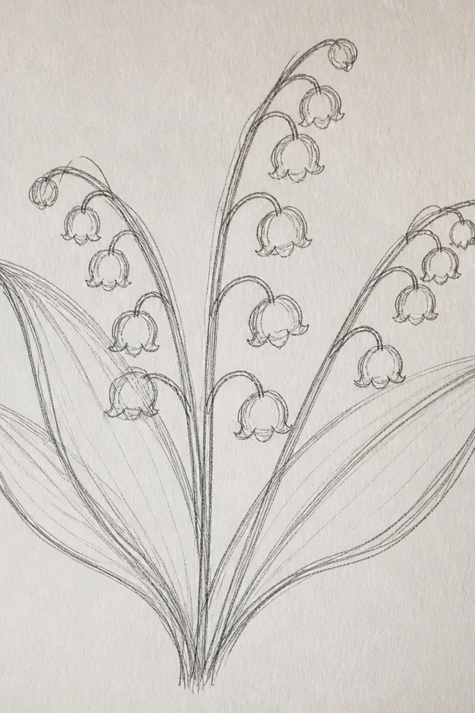 A small framed piece with tissue paper cutouts forming lily bells. The bells have soft layered edges, and leaves are layered green tissue with visible paper texture.