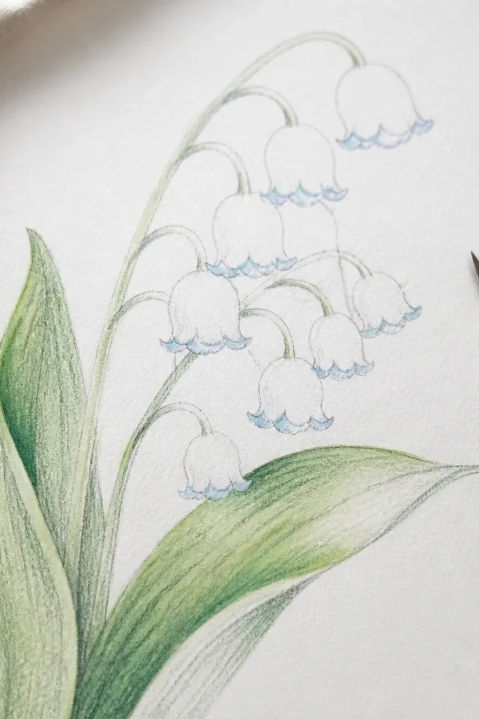 A drawing where lily bells are outlined in light pencil, then watercolor is brushed only along bell edges. Leaves show pencil texture with green wash gradients.