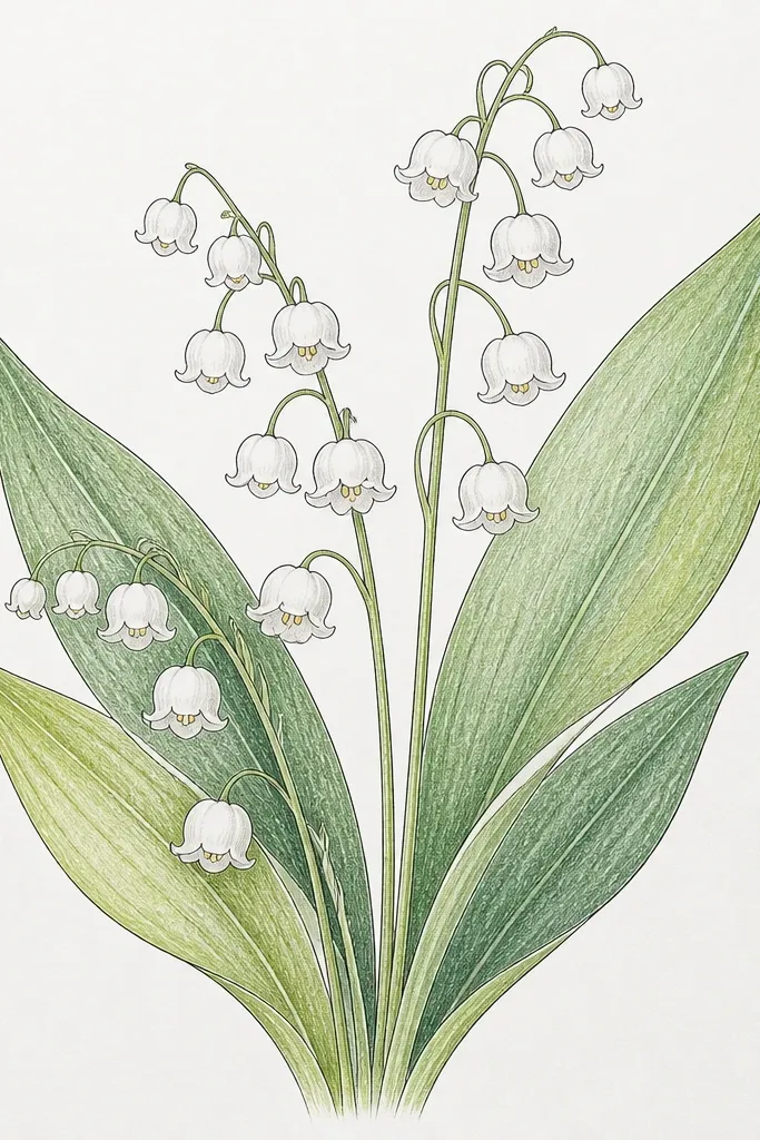 A crisp line drawing with fineliner outlines. Bell centers are colored with soft pale yellow and grey pencil, while leaves are colored pencil in two greens.
