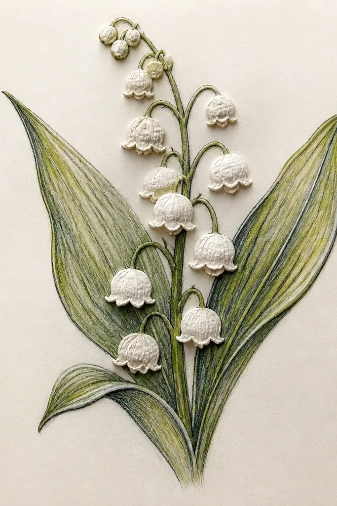 A handmade card with raised lily bell shapes made from air-dry clay. The bells are painted pale grey-white, and the leaves are inked in green with visible line work.