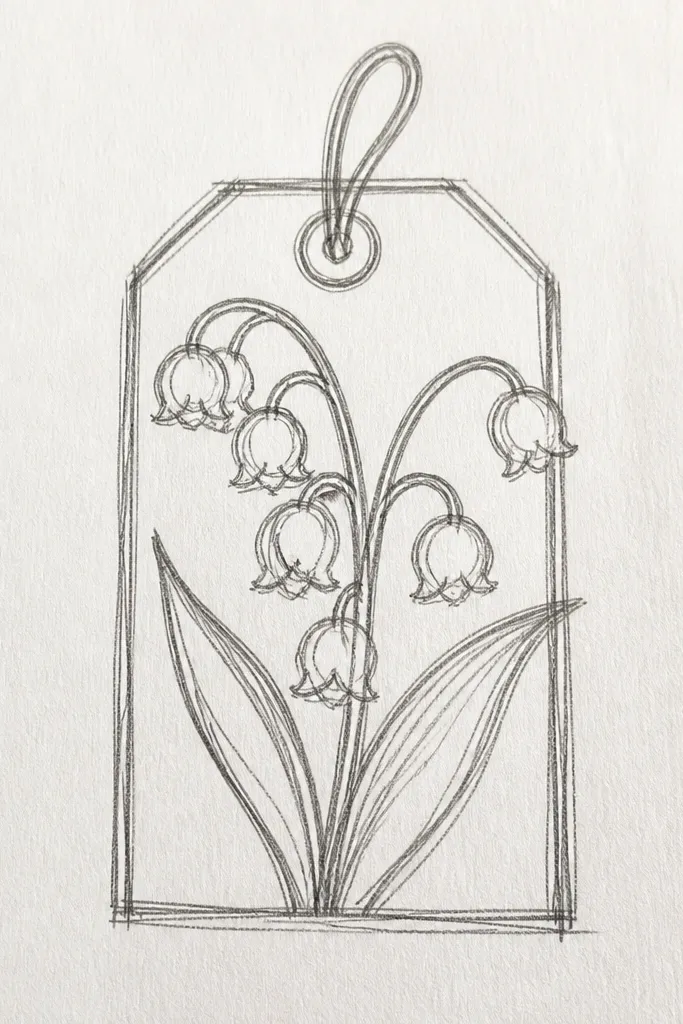 A small hanging gift tag with a handwritten monogram. A lily of the valley cluster sits to one side, with leaves sweeping diagonally and a few bells drawn larger for emphasis.