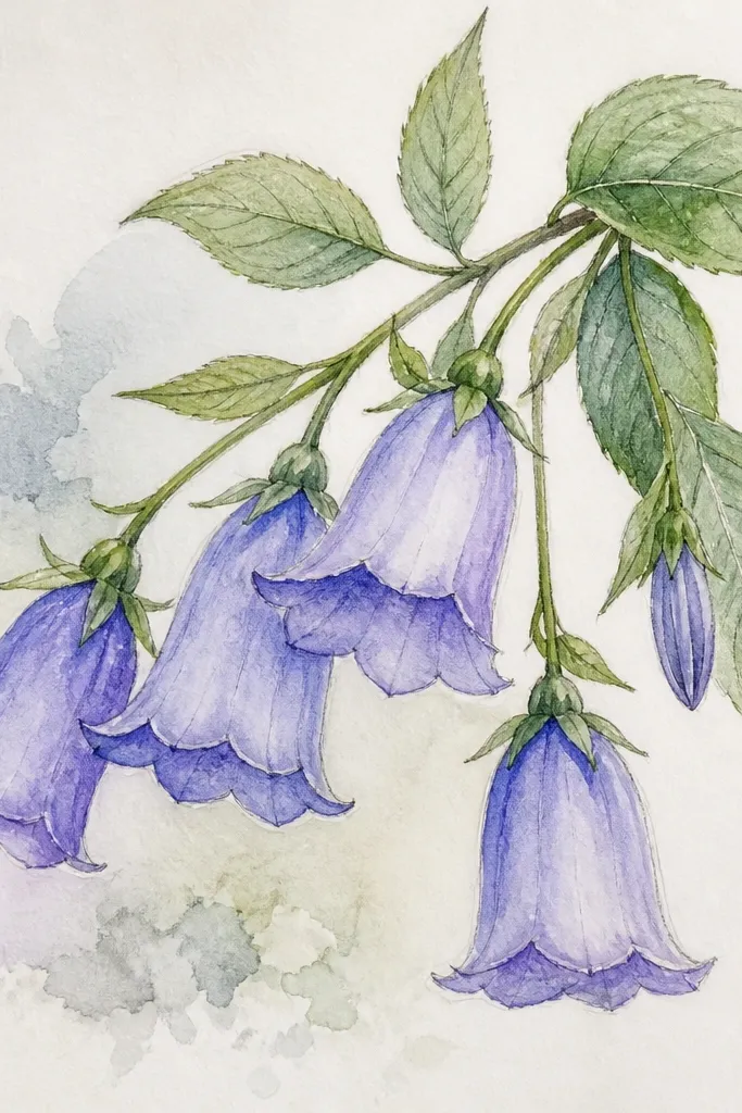 A watercolor pencil drawing with soft, loose bells. Leaves show clear vein lines, and bell edges have a slightly darker outline where water pulled pigment.