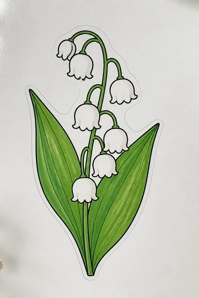 A sheet of glossy sticker paper with a printed-looking lily of the valley cluster in marker. Bells are shaded in soft greys, leaves are mint to olive, and there are crisp white highlights.