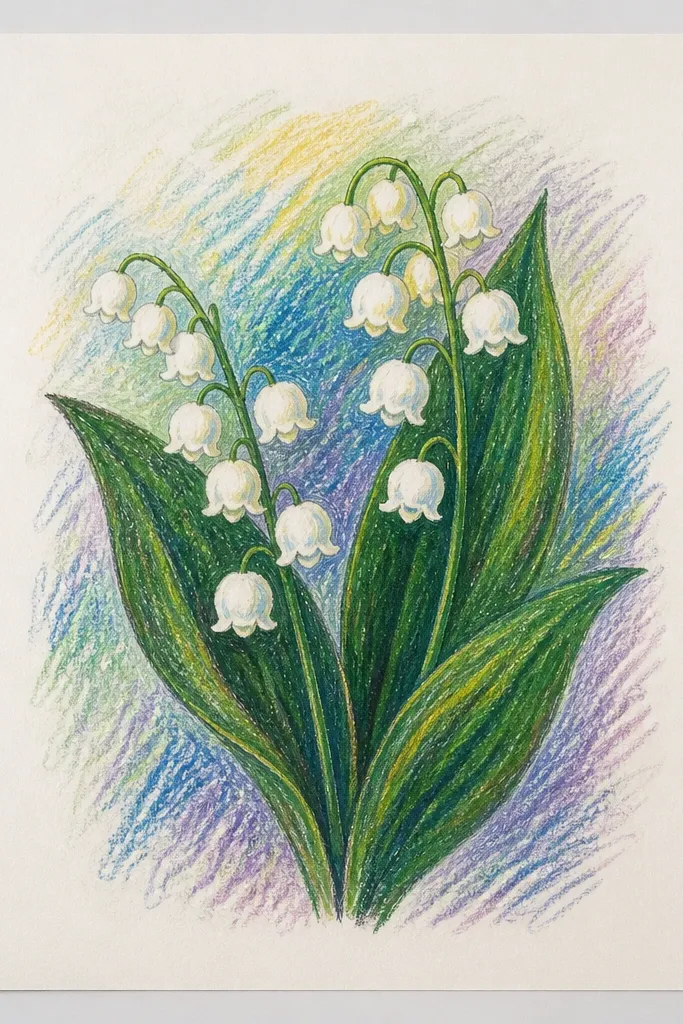 A card with bell shapes that look evenly spaced due to a stencil. The bells are pale grey with darker inner folds, while leaves are freehand painted in green with visible brush strokes.