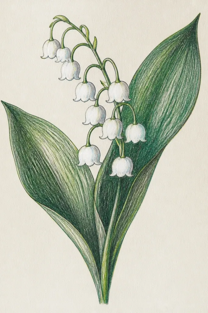 A monochrome drawing where bells are painted with a thin white wash over paper. Leaves are inked with crosshatching under the veins, creating a textured shadow effect.