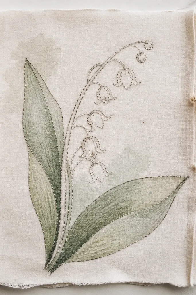 A mixed media page with drawn lily bells. Thin lines mimic embroidery stitches, and the leaves are shaded with green pencil and light wash, giving a handmade textile feel.