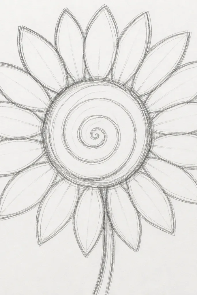 Clean sunflower outline with a spiral center and evenly spaced petal arcs