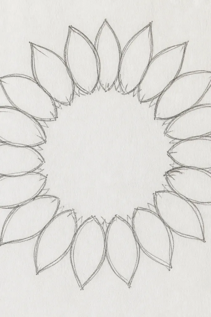 Sunflower outline made of a ring of petals with a plain center circle