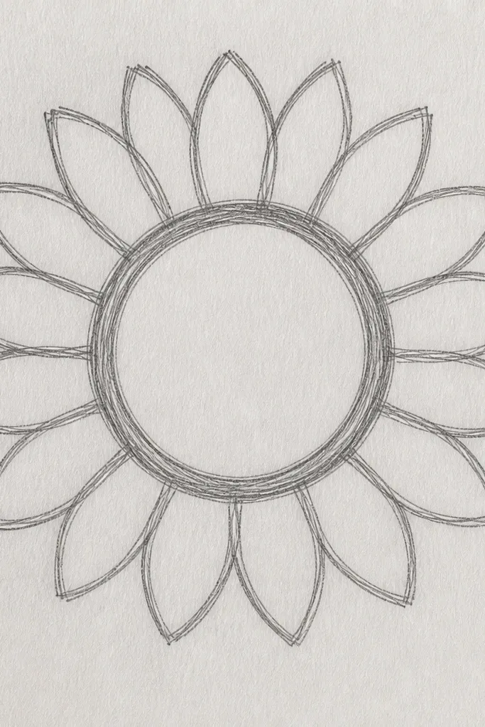 Sunflower outline with thick dark center ring and lighter petal arcs