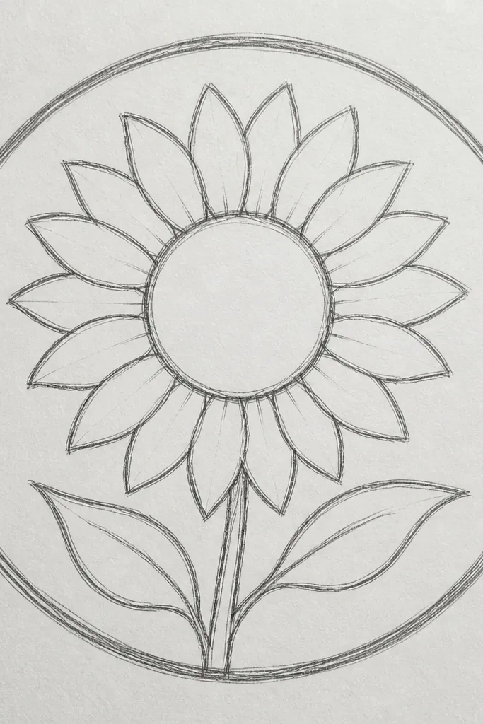 Sunflower outline centered inside a thin circle border
