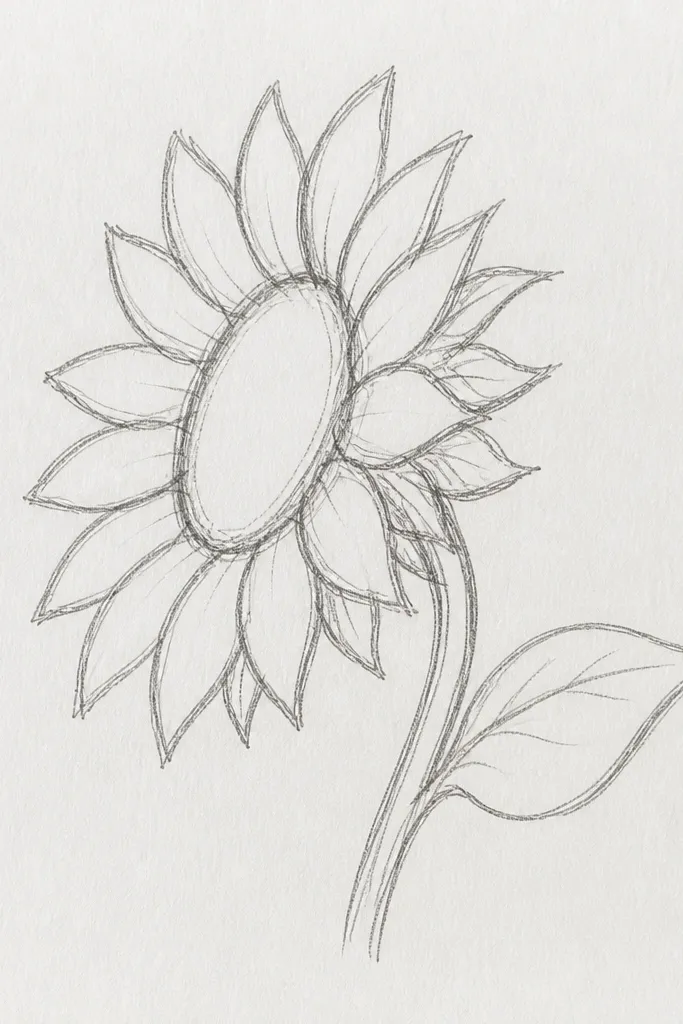 Sunflower outline drawn in three-quarter view with curved petals and a partial center