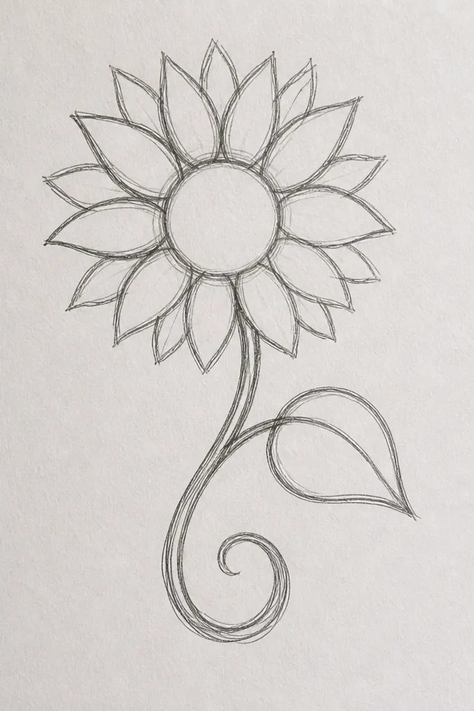 Sunflower outline with a curly stem and a single leaf with one center vein