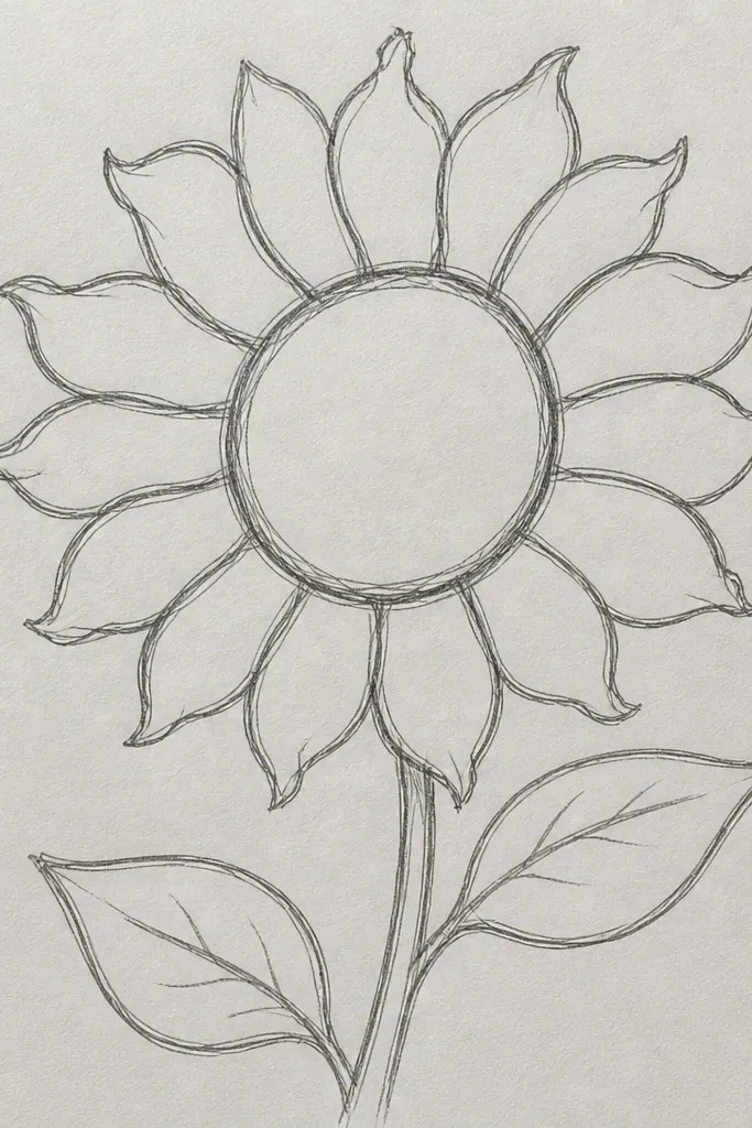 Sunflower outline with wavy outer petal edges and a clear spiral center