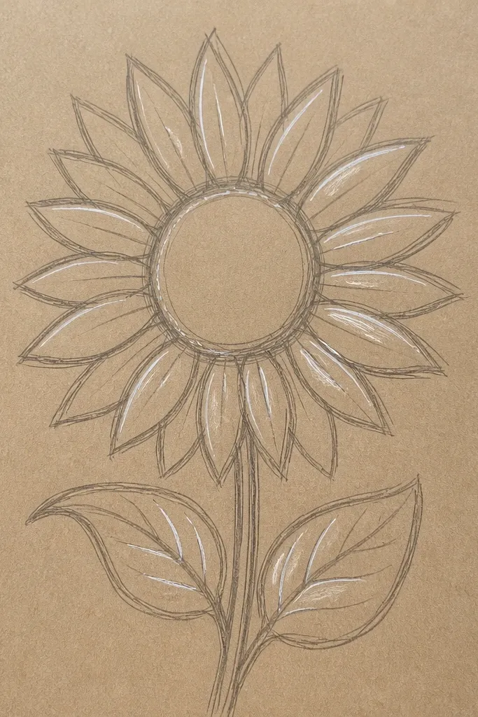 Sunflower outline on brown paper with white highlights on petals and center