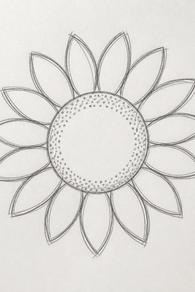 Sunflower outline with a stippled seed center made from short dot clusters