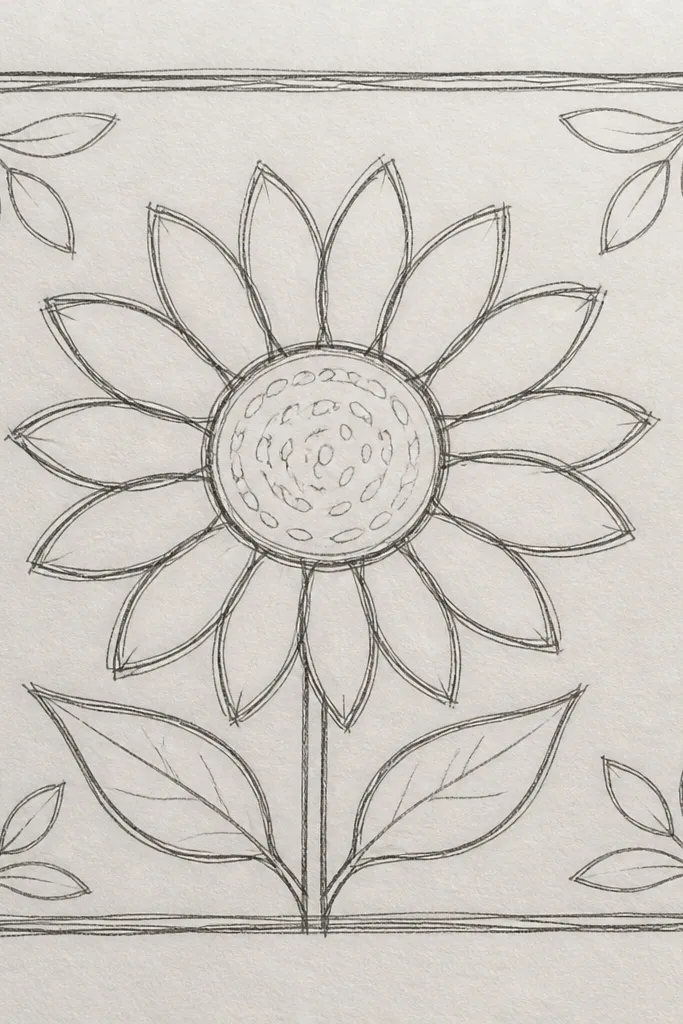 Sunflower outline inside a square border with small leaf accents in two corners