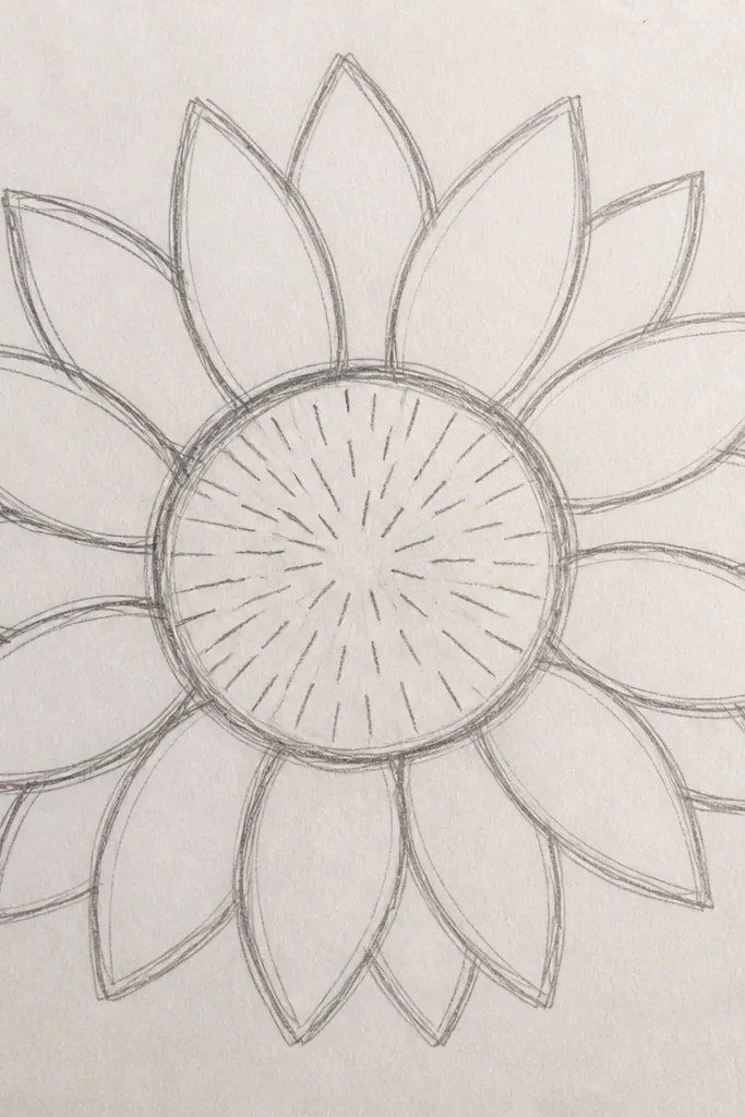 Sunflower outline with a spiral center and short radiating seed lines