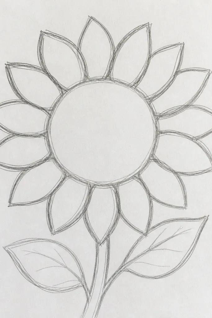 Sunflower outline with thick, blocky petal tips and a simple spiral center