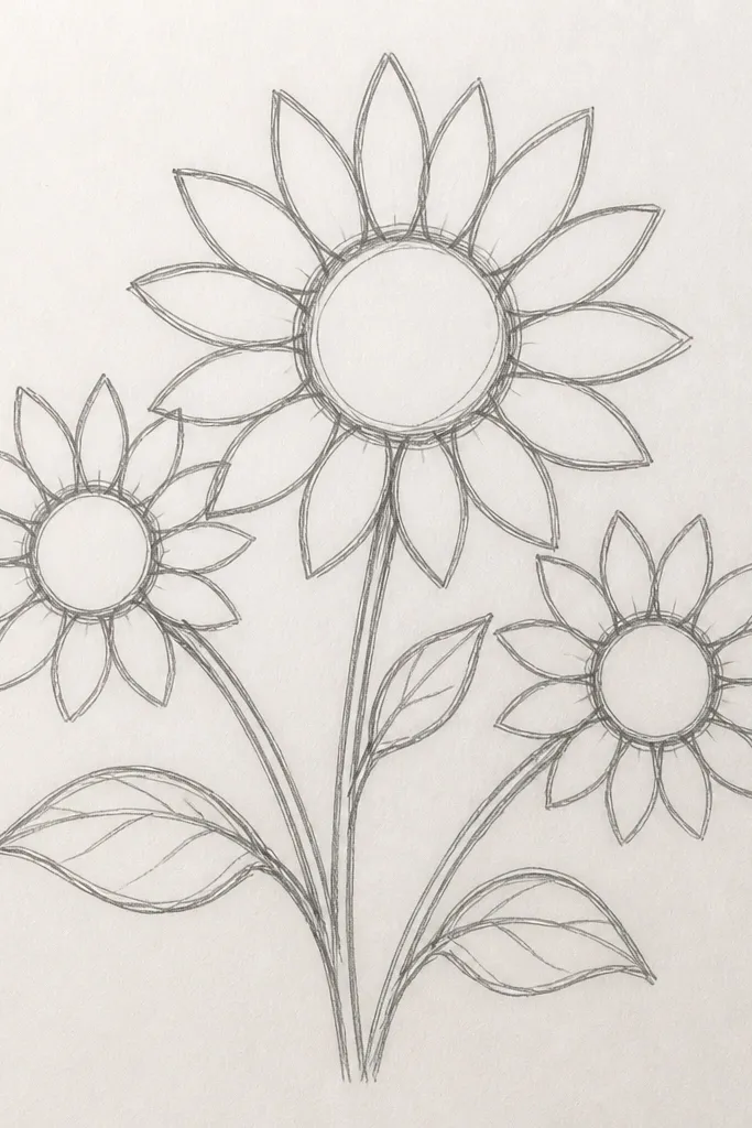 Three small sunflower outlines clustered together with shared stems