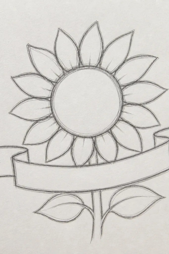Sunflower outline with a banner ribbon under it and simple leaf accents
