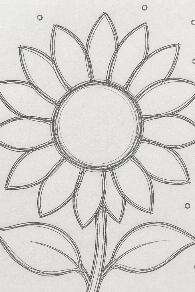 Sunflower outline surrounded by scattered small dots and tiny spark lines