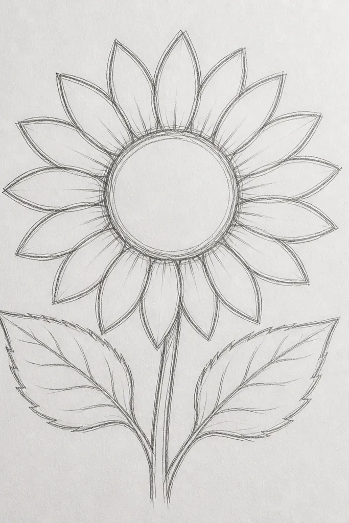 Sunflower outline with a leaf that has patterned veins and a spiral center