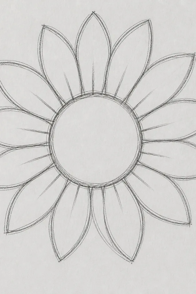 Sunflower outline with inner petal stems drawn as short lines from the center