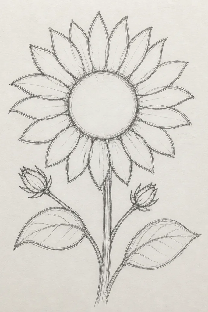 Sunflower outline with two tiny bud circles on the stem and one leaf