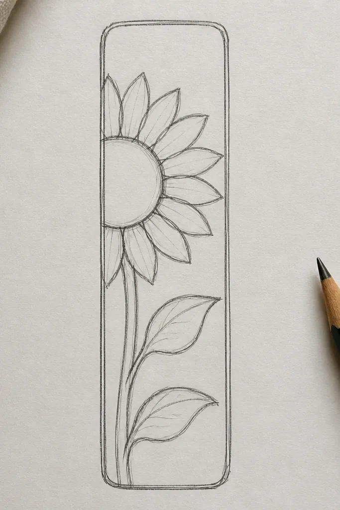 Sunflower outline placed on a tall bookmark outline with a simple top notch