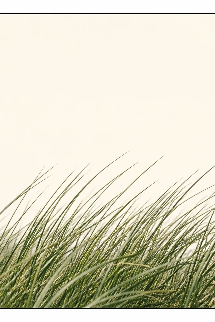 A 5x7 off-white card with a thin black outline band of grass blades across the bottom third, all blades leaning slightly right, with lots of clean blank space above.